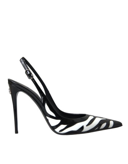 Black White Zebra Leather Slingback Shoes