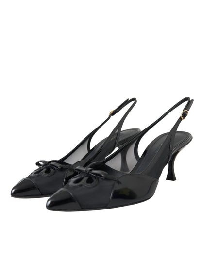 Black Leather Mesh High Heels Slingback Shoes