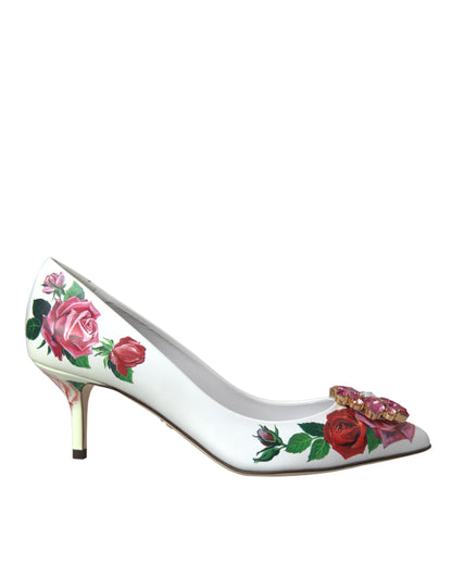 White Leather Roses Crystal Bellucci Pumps Shoes