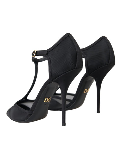 Black Mesh T-strap Stiletto Heel Pumps Shoes