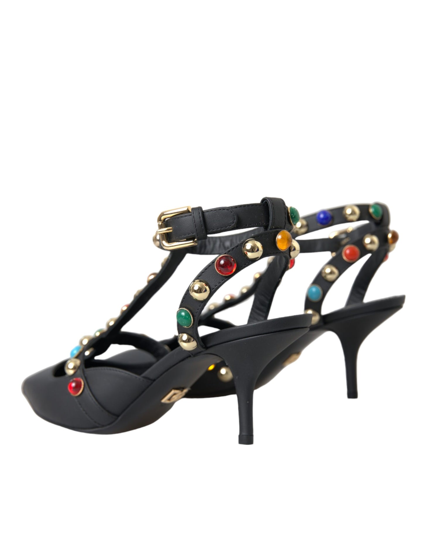 Black Leather Embellished Heels Sandal Shoes