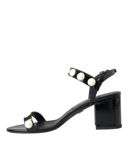 Black Leather Faux Pearl Heel Sandals Shoes