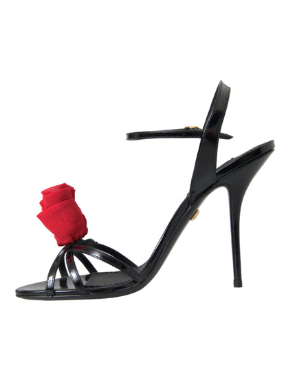 Black Leather Rose Ankle Strap Heels Sandals Shoes