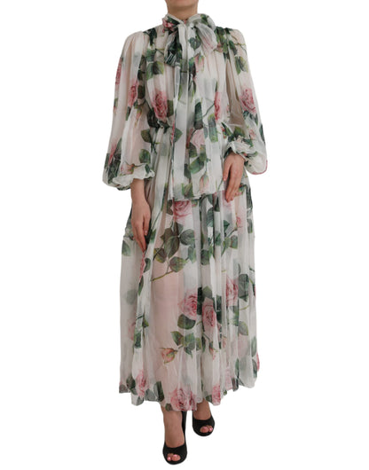 White Silk Floral Print Long Maxi Dress