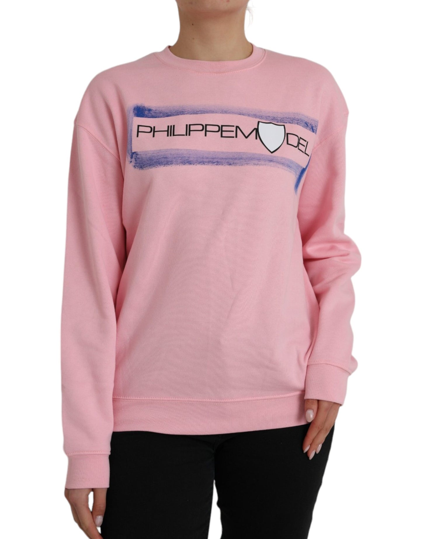 Pink Cotton Logo Print Long Sleeves Pullover Sweater