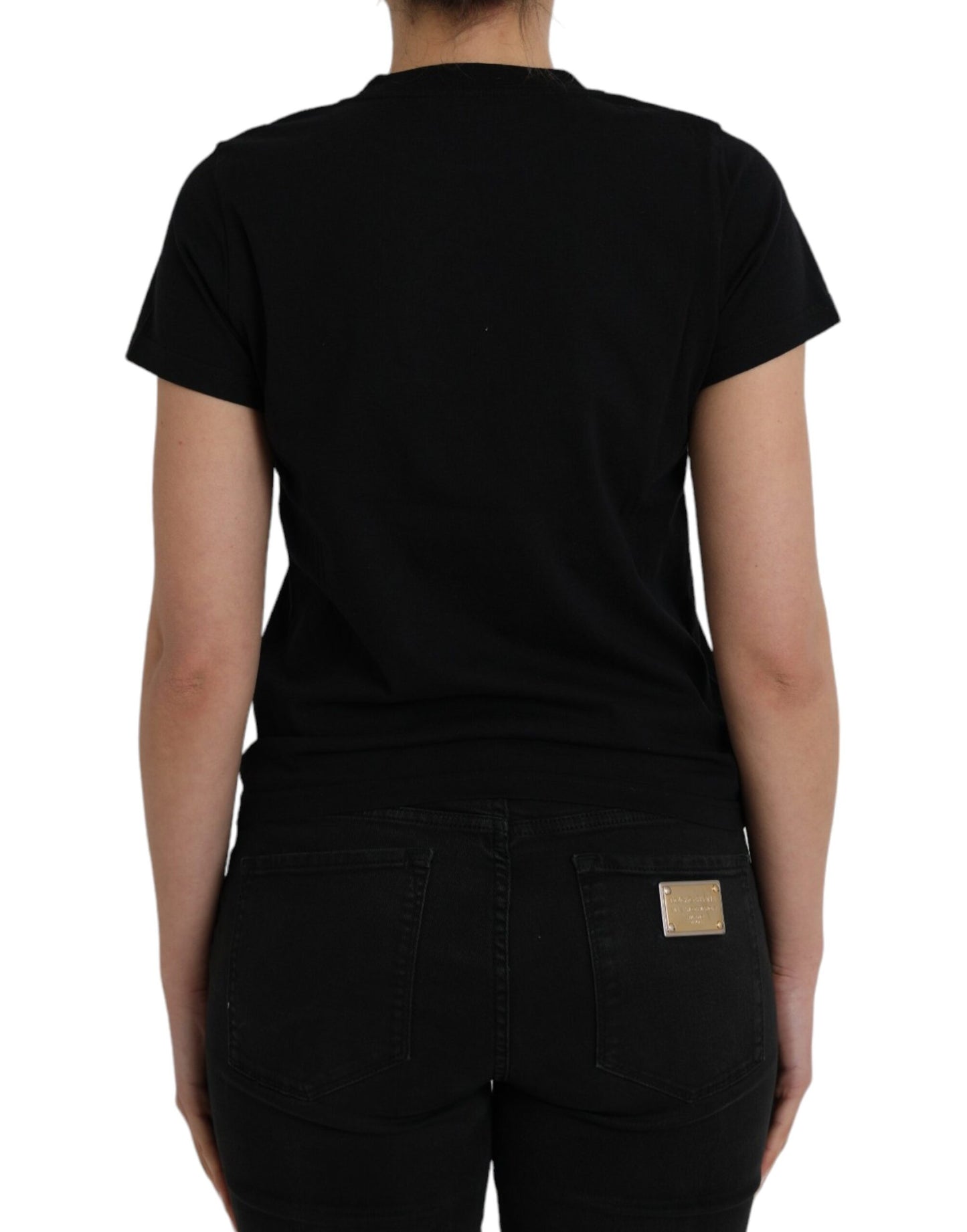 Black Cotton Logo Print Crew Neck Short Sleeves T-shirt