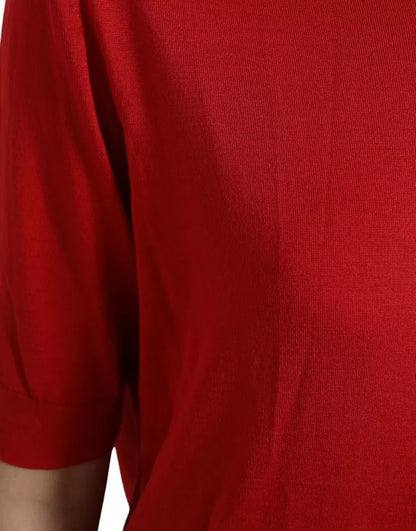 Red Silk Crewneck Short Sleeve Sweater