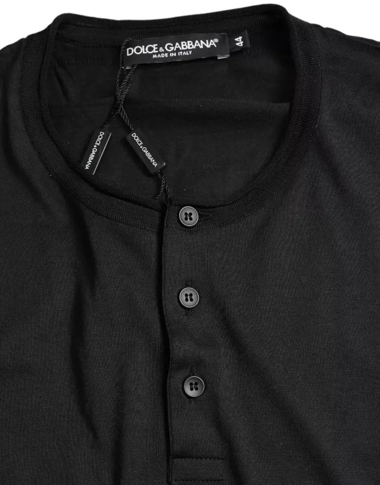 Black Buttoned Roundneck Short Sleeve T-shirt