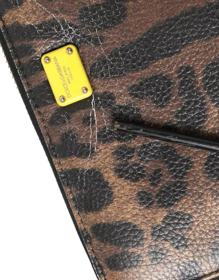 Brown Leopard Leather DG Zip Around Continental Wallet