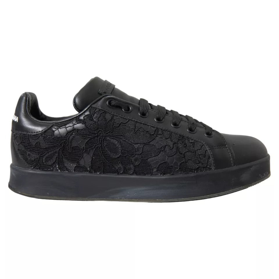 Black Floral Lace Leather Women Sneakers Shoes