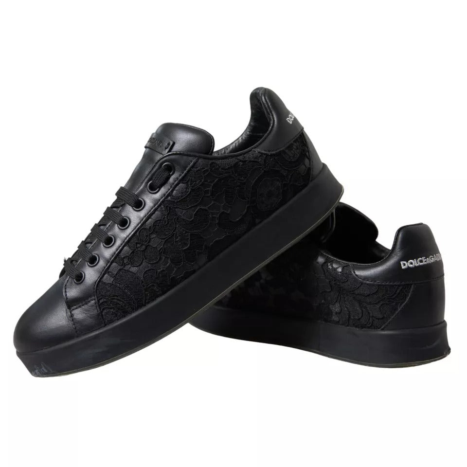 Black Floral Lace Leather Women Sneakers Shoes