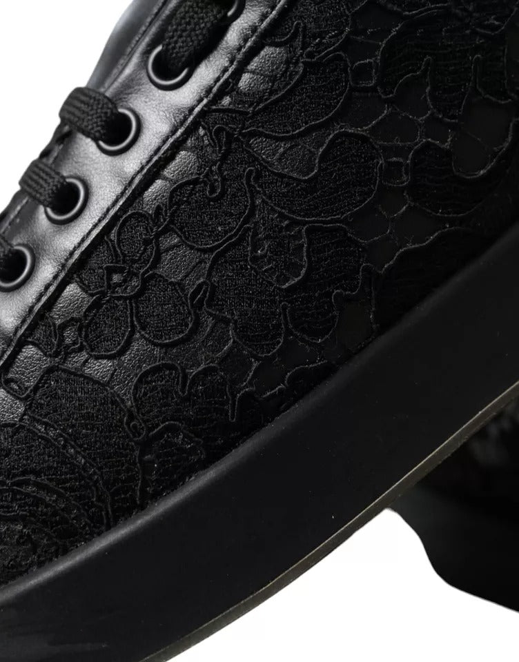 Black Floral Lace Leather Women Sneakers Shoes