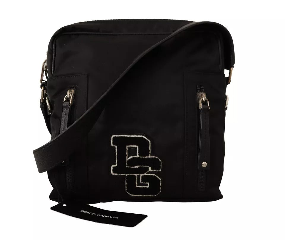 Black Nylon Leather DG Logo Patch Messenger Cross Body Bag