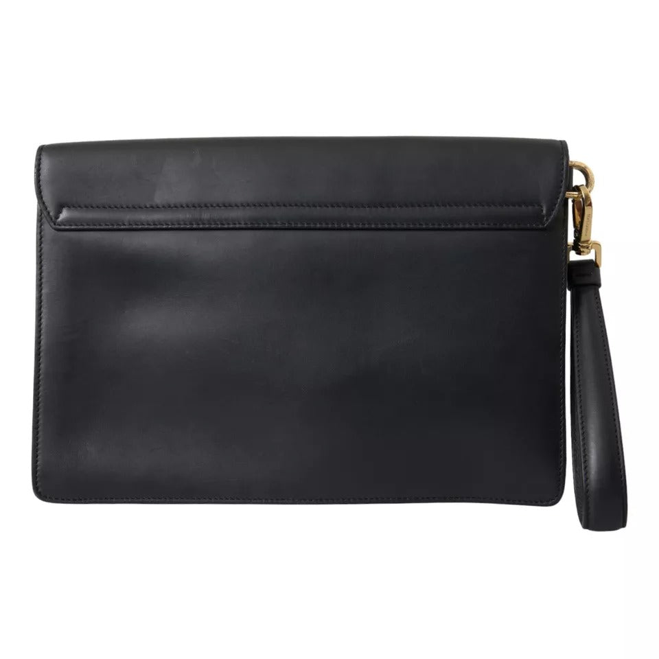 Black Calf Leather Large Logo Document Holder Clutch Men Bag