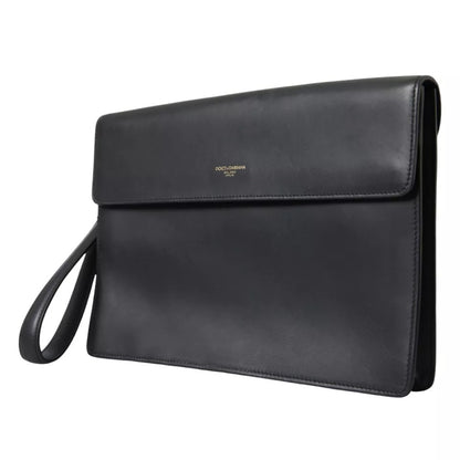 Black Calf Leather Large Logo Document Holder Clutch Men Bag