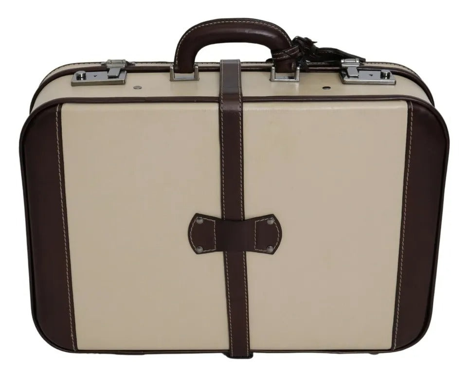 Brown Beige Leather Mens Travel Suitcase Luggage Bag