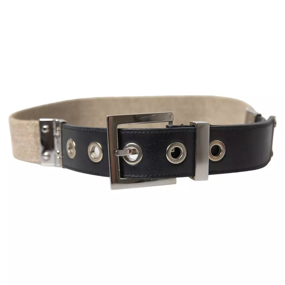 Black Leather Beige Strap Silver Metal Buckle Belt