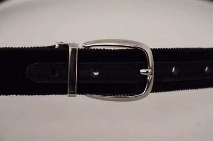 Black Velvet Silver Tone Metal Logo Buckle Belt