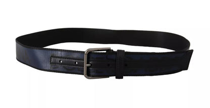 Blue Black Logo Print Silver Buckle Belt