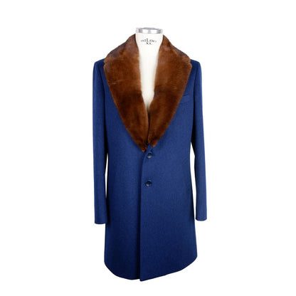 Blue Wool Men Jacket with Removable Mink Fur Collar