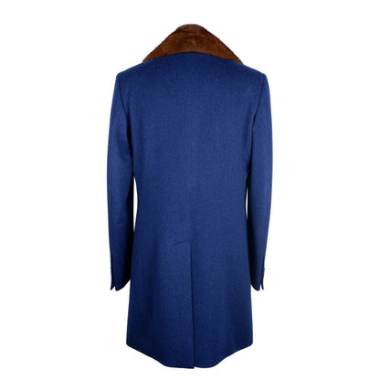 Blue Wool Men Jacket with Removable Mink Fur Collar