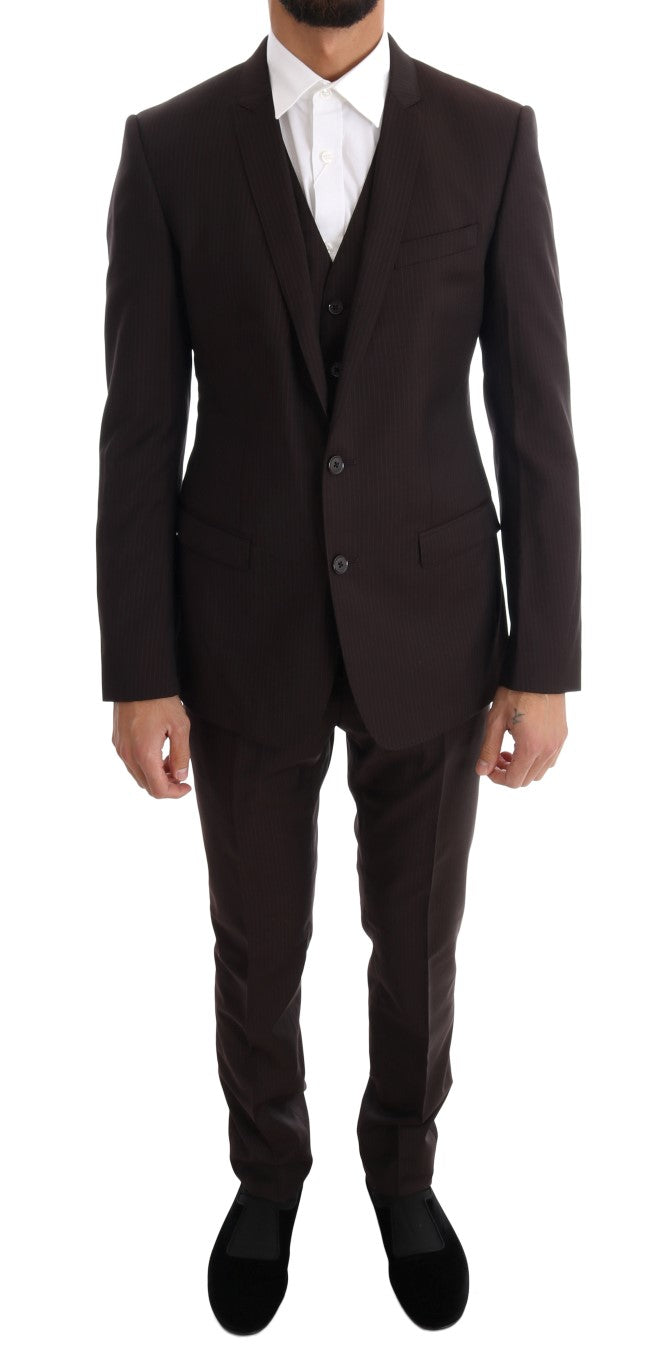 Elegant Brown Striped Three-Piece Wool Suit