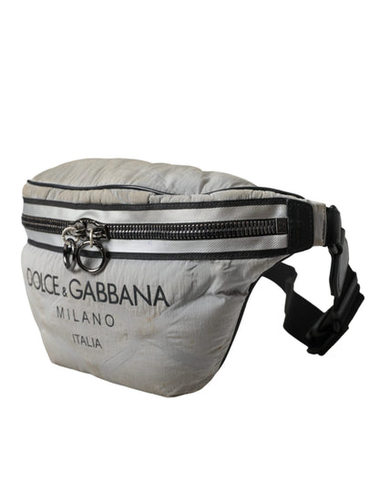 Silver Black Nylon Leather Logo Waist Fanny Pack Bag