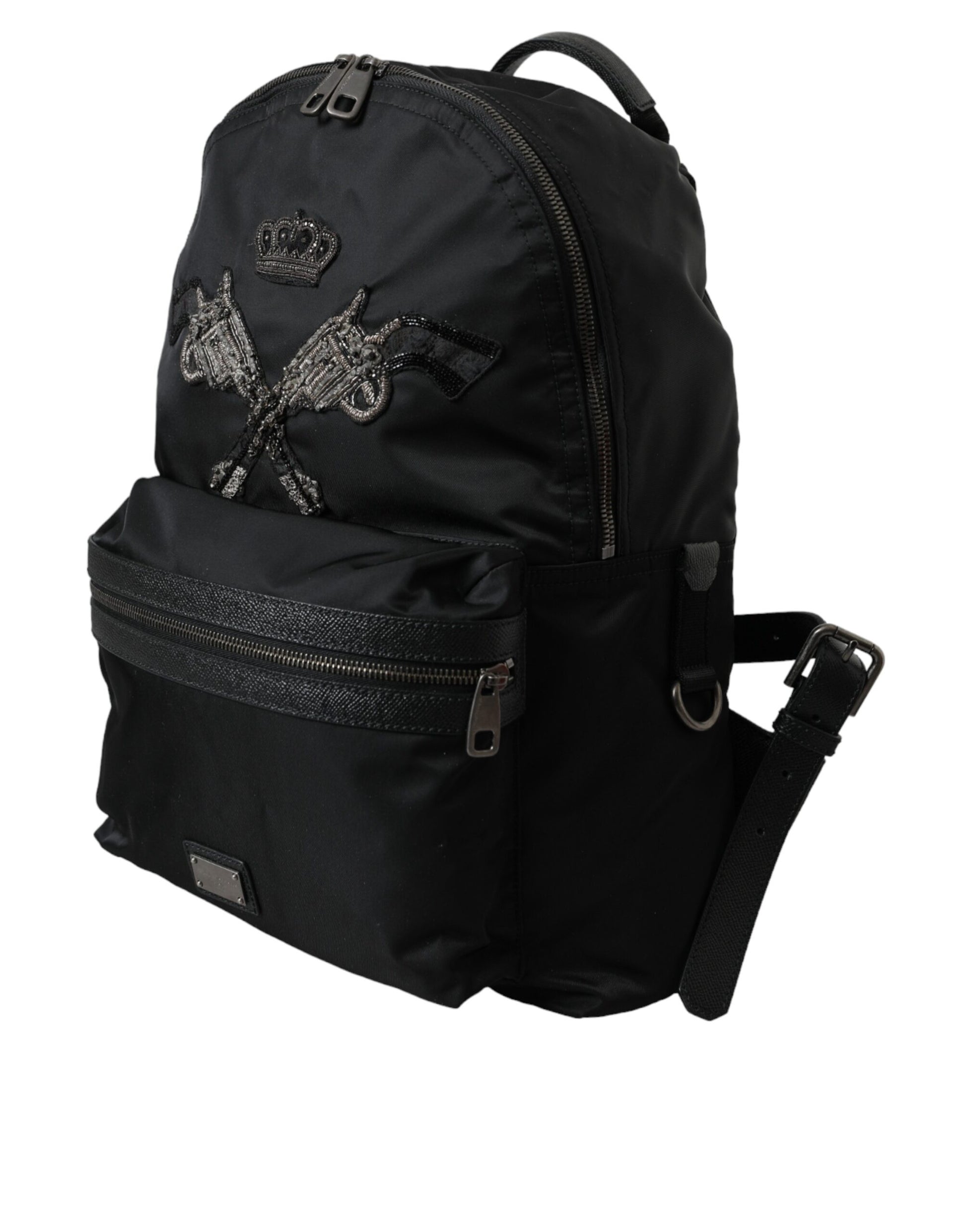 Black Nylon Crown Embellished Backpack Bag