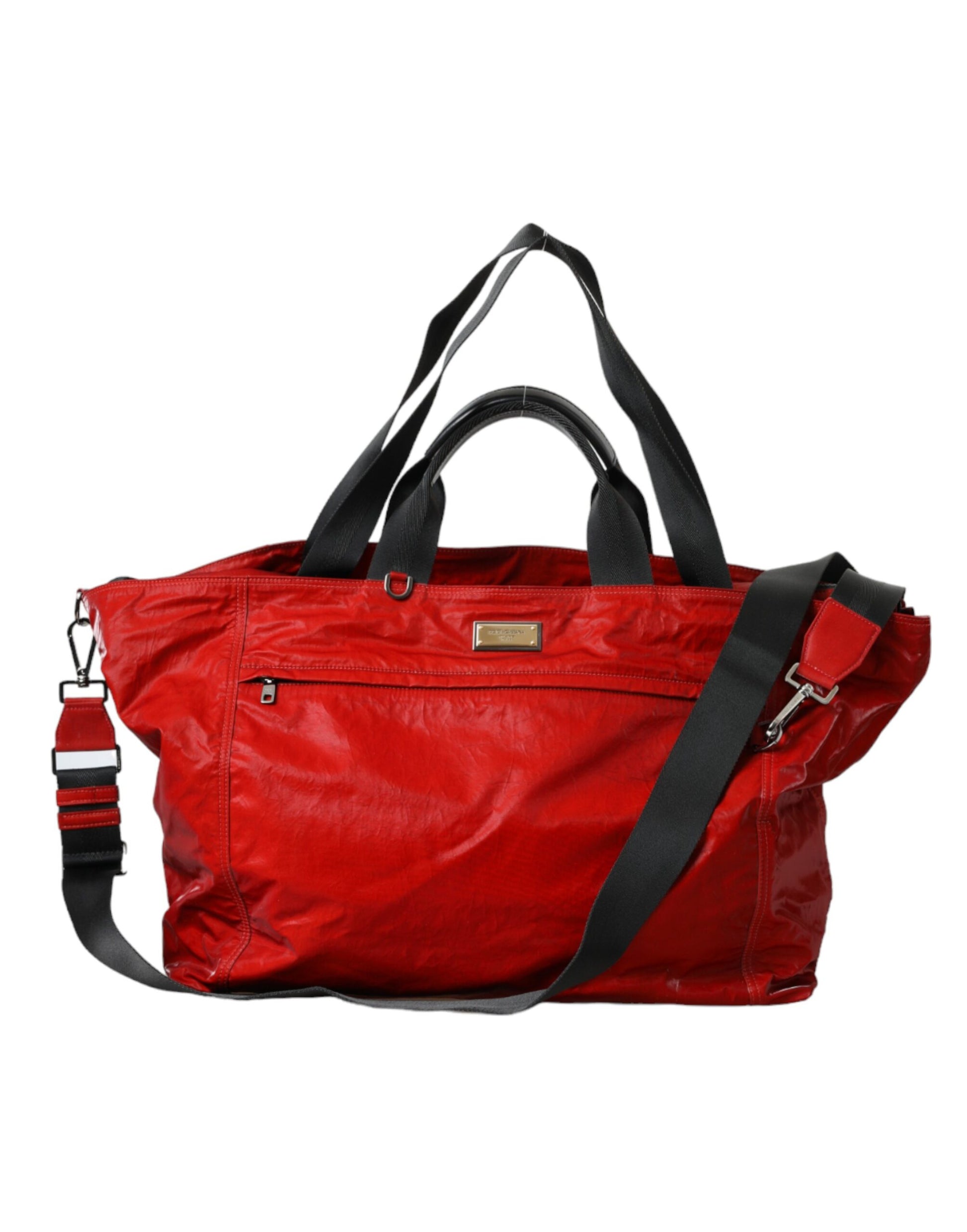 Red Nylon Calfskin Hand Shoulder Duffel Bag