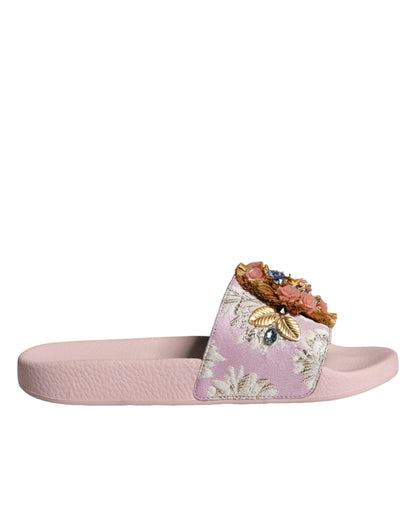 Pink Brocade Crystal Sandals Slides Beachwear Shoes