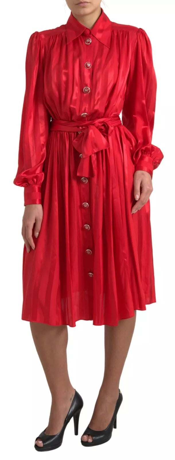 Elegant Red Silk Midi Dress with Button Detail