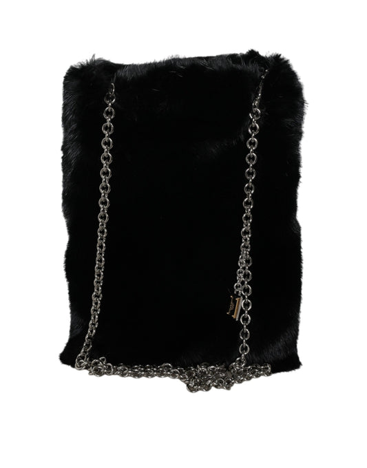 Black Faux Fur Silver Chain Crossbody Shoulder Purse Bag