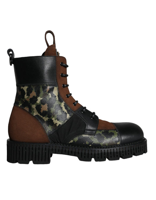 Brown Suede Camouflage Leather Combat Boots Shoes