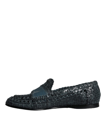 Blue Woven Leather Slip On Loafers Men Shoes