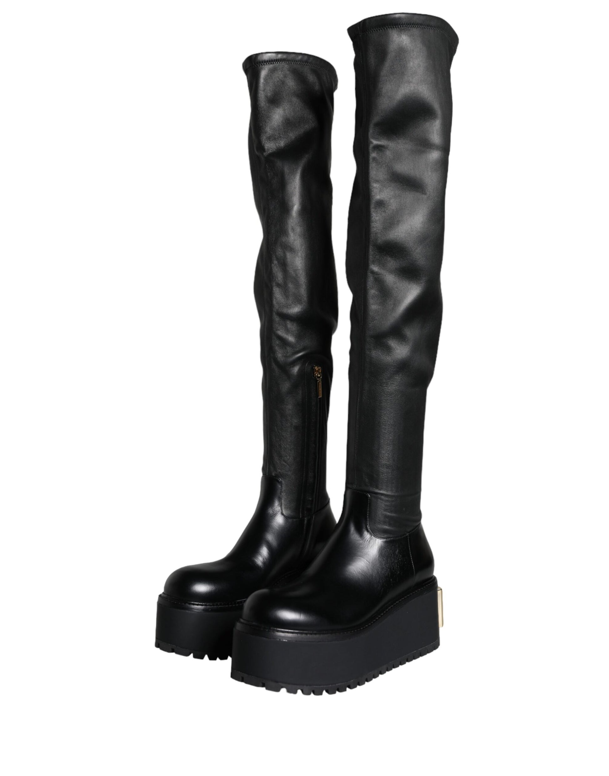 Black Leather Logo Knee High Boots Shoes