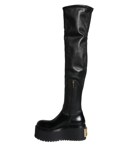 Black Leather Logo Knee High Boots Shoes