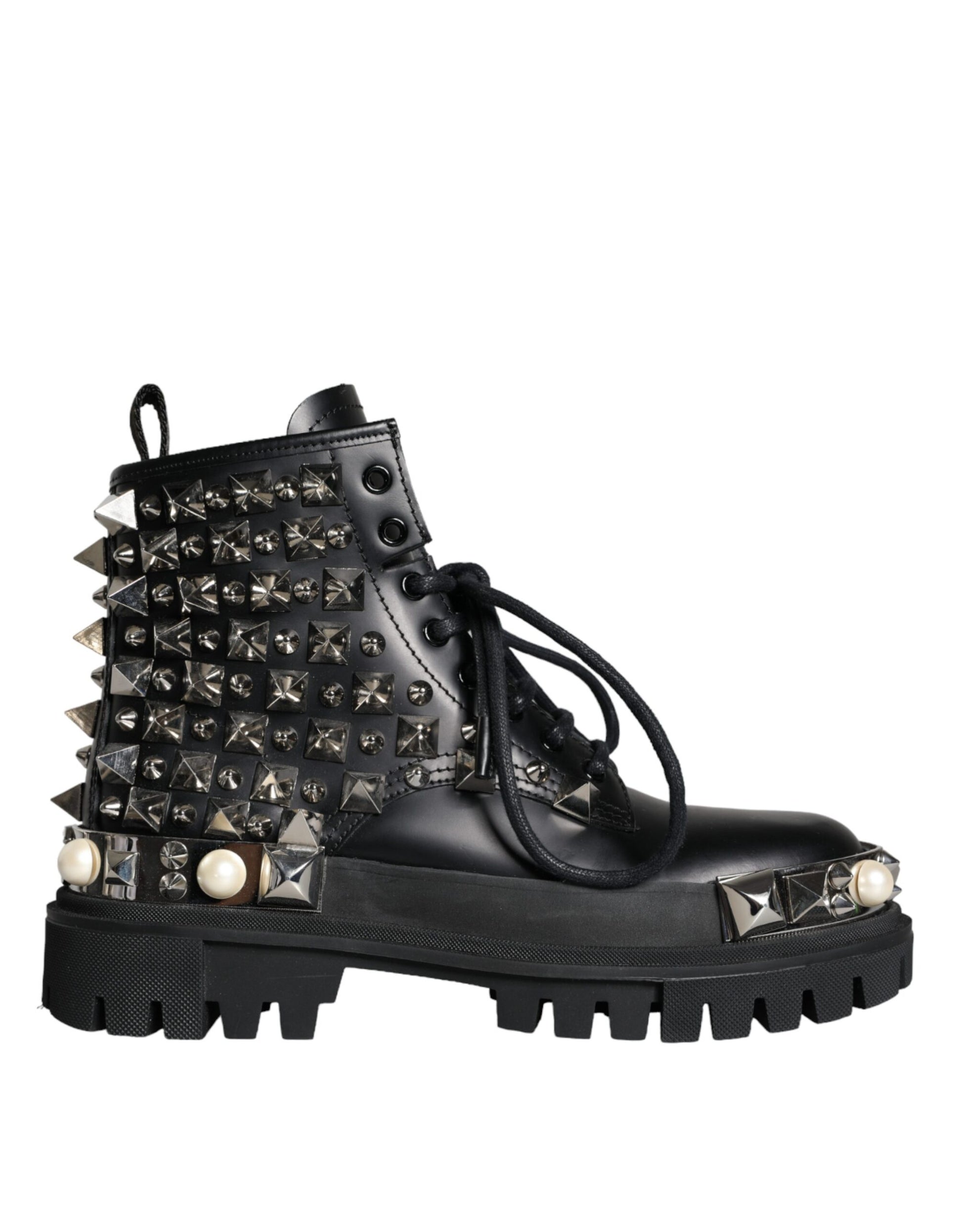 Black Leather Studs Embellished Combat Boots Shoes