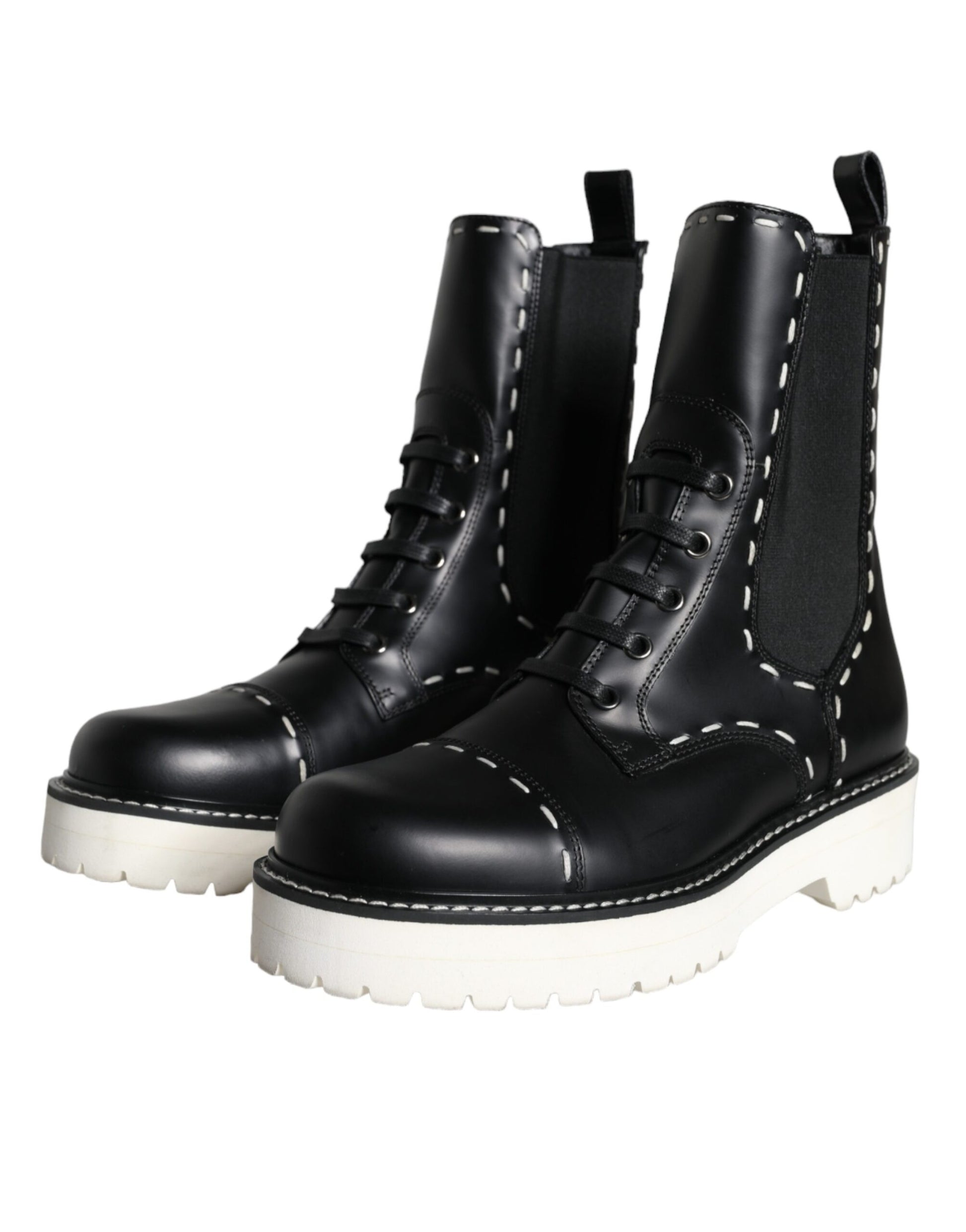 Black Leather Combat Mid Calf Boots Shoes