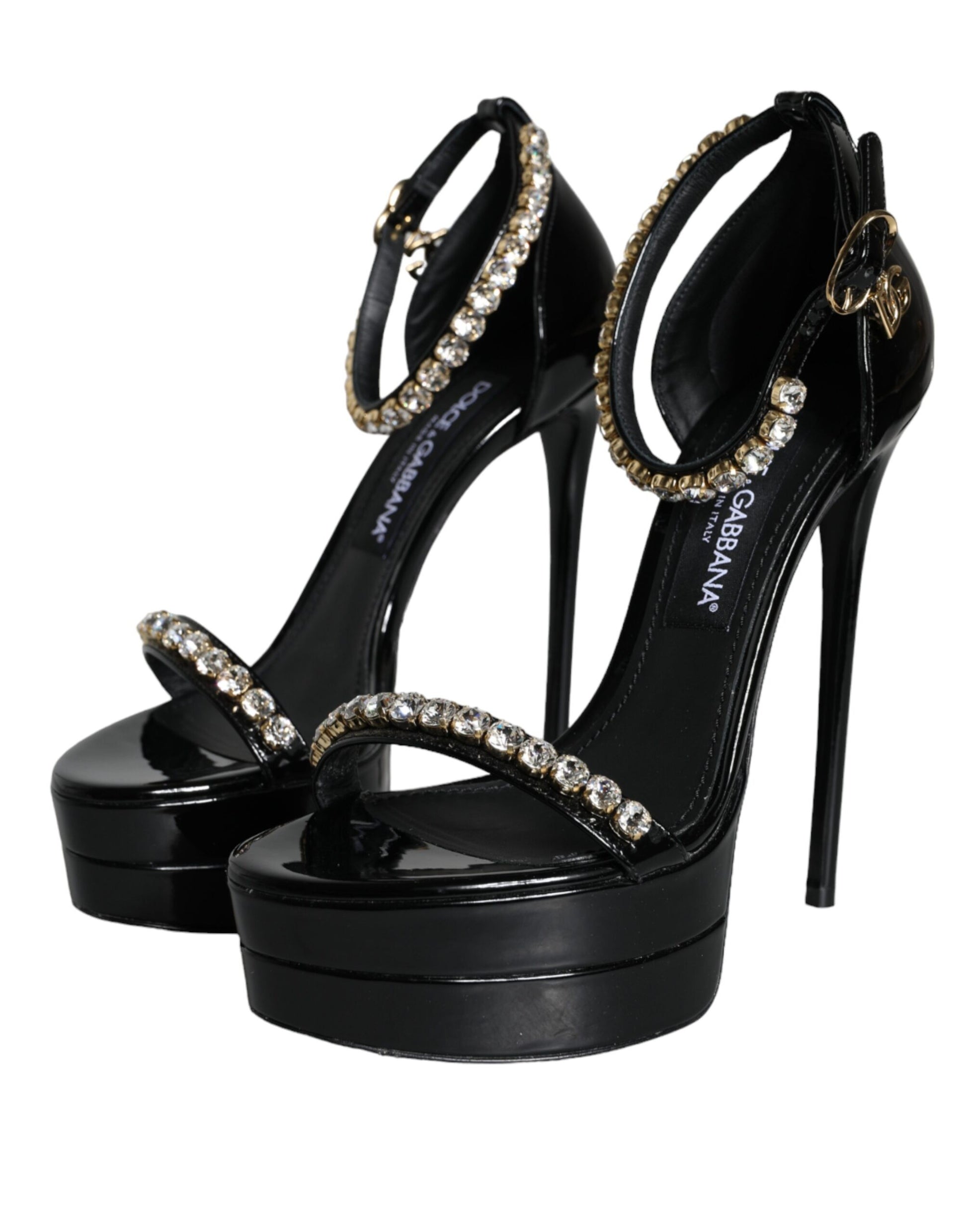 Black Keira Leather Crystals Sandals Heels Shoes