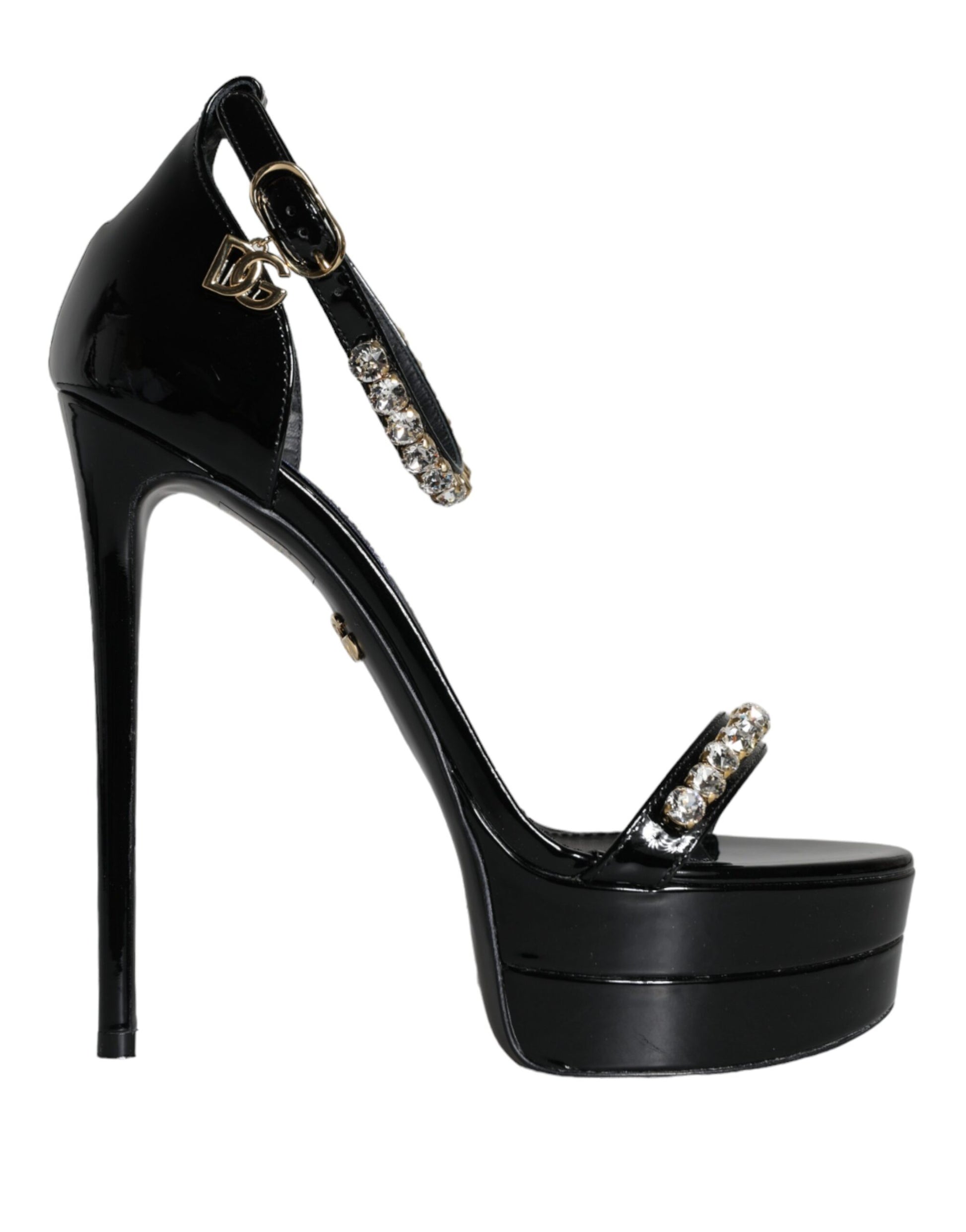 Black Keira Leather Crystals Sandals Heels Shoes