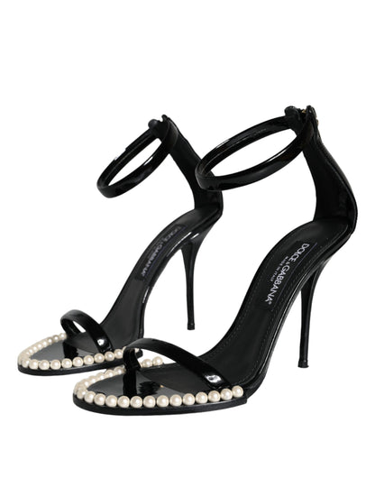 Black Keira Leather Faux Pearl Sandals Heels Shoes