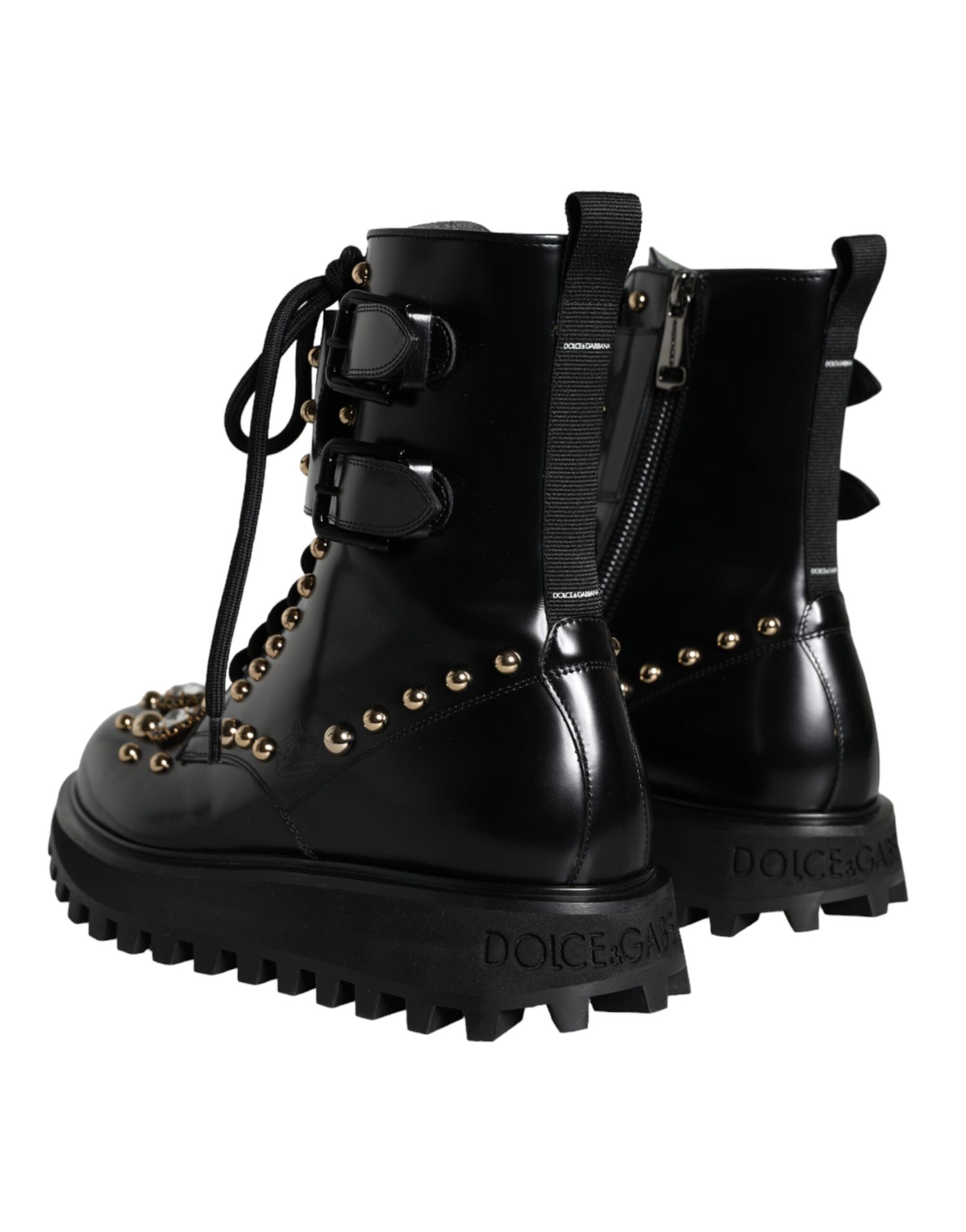 Black Leather Studs Embellished Combat Boots Shoes