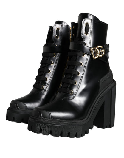 Black Calf Leather Logo Trekking Biker Boots Shoes