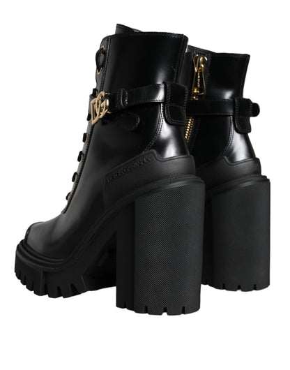 Black Calf Leather Logo Trekking Biker Boots Shoes