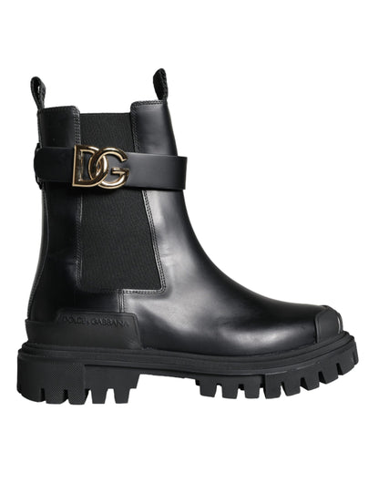 Black Leather Combat Mid Calf Boots Shoes