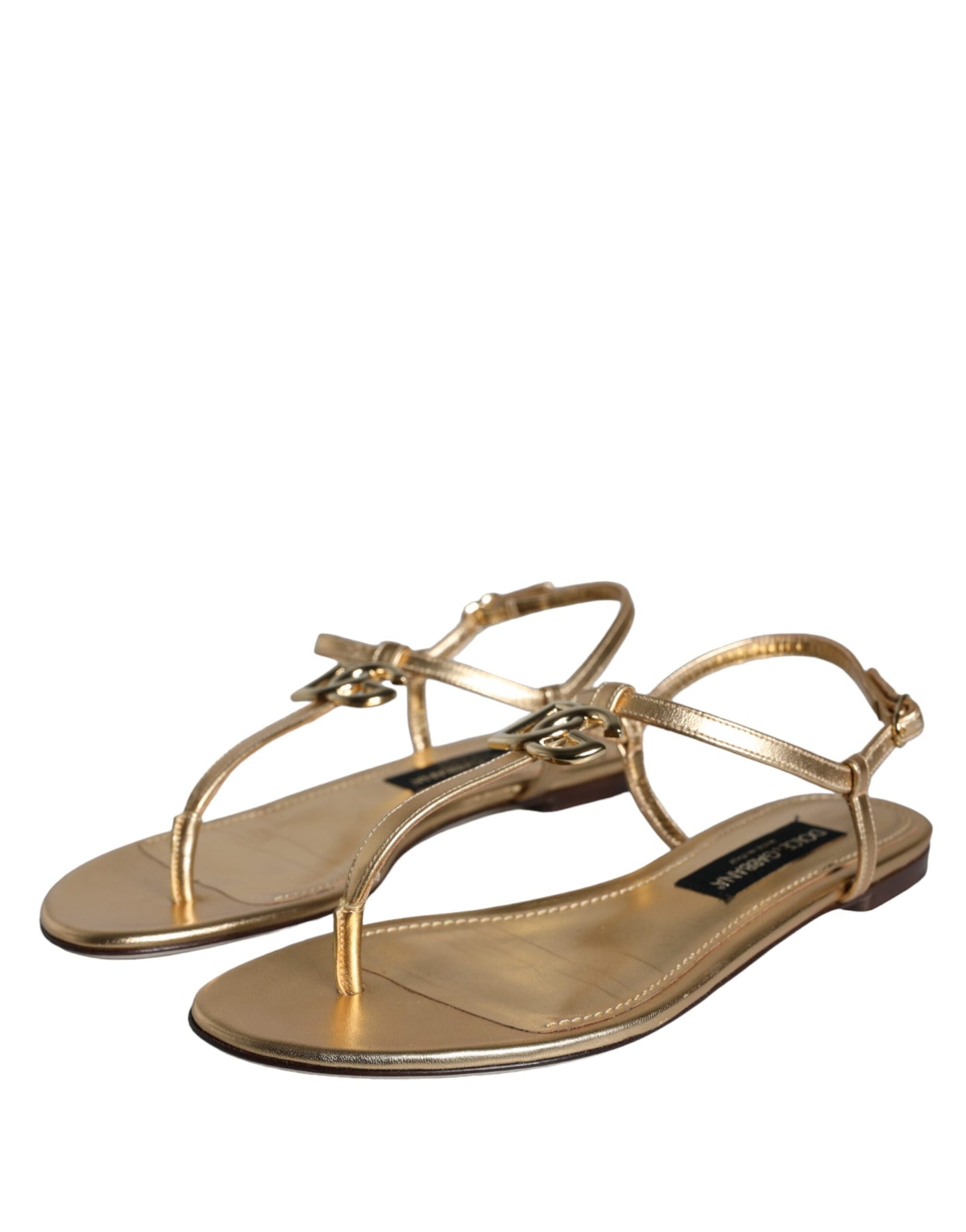 Gold Leather DG Logo Flats Sandals Shoes