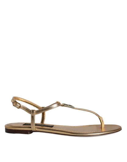 Gold Leather DG Logo Flats Sandals Shoes