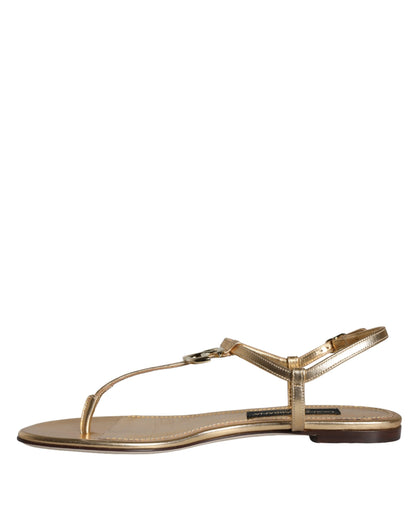 Gold Leather DG Logo Flats Sandals Shoes