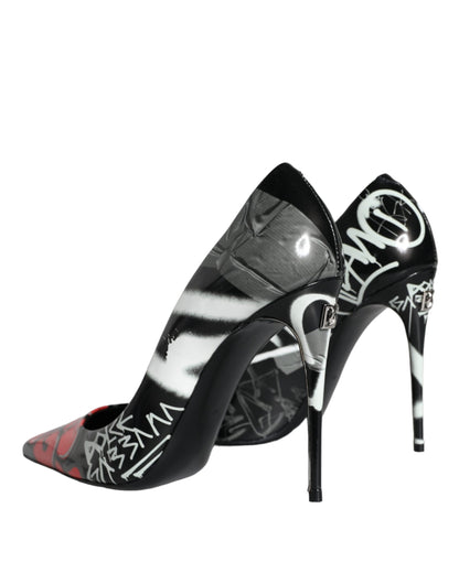 Black Graffiti Leather High Heels Pumps Shoes