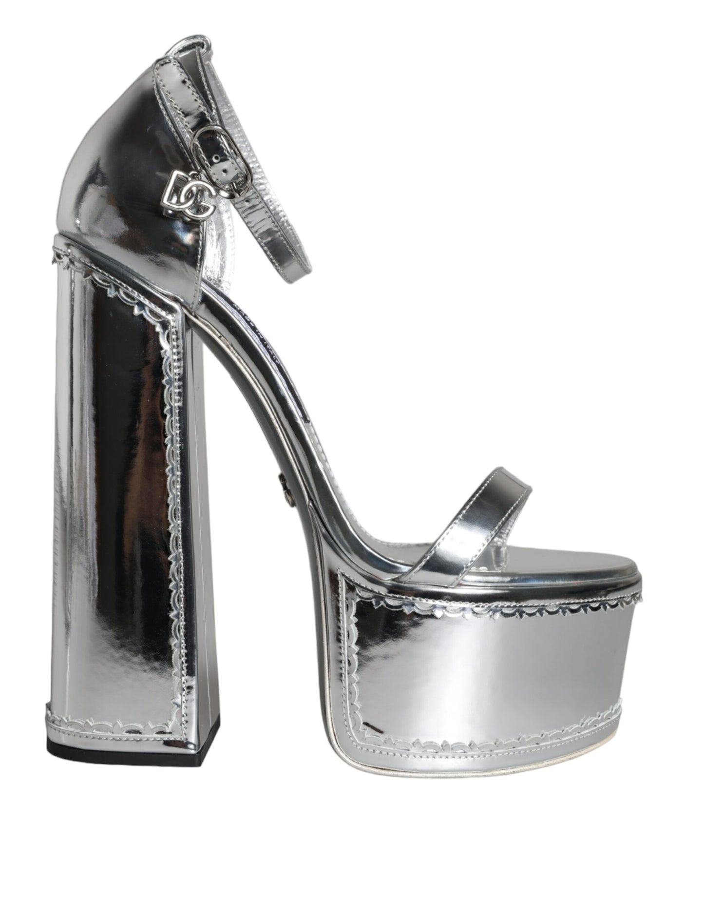 Silver Leather Platform Ankle Strap Sandals Shoes